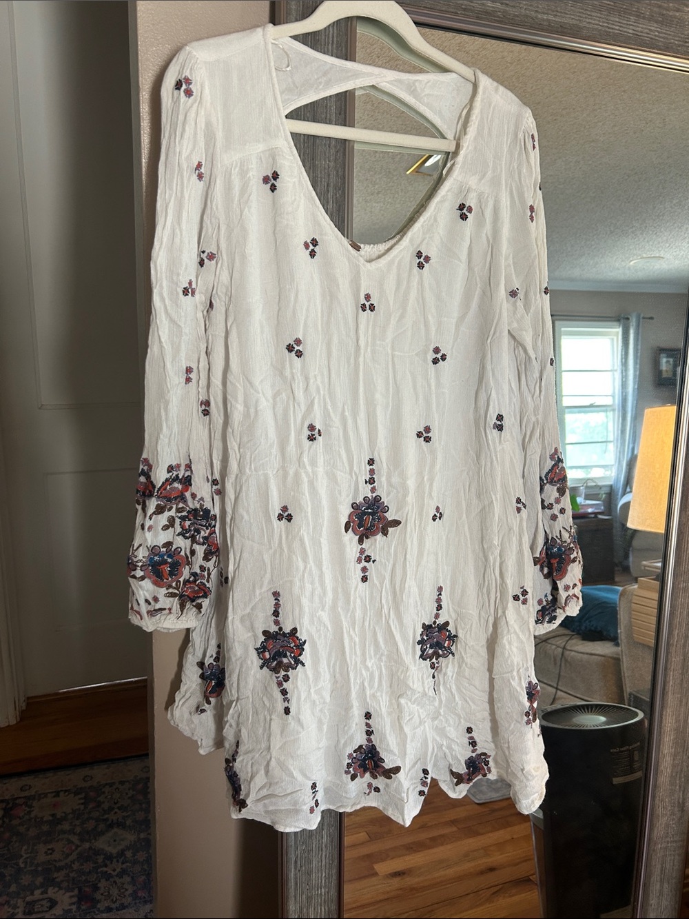 Free People White Long Sleeve Embroidered Tunic Dress